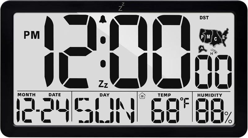 RUIDDY Digital Atomic Clock with Temperature with Blacklight with and Humidity Display, Large LCD Screen, Indoor Weather Monitor, DST Function, Black - Image 1